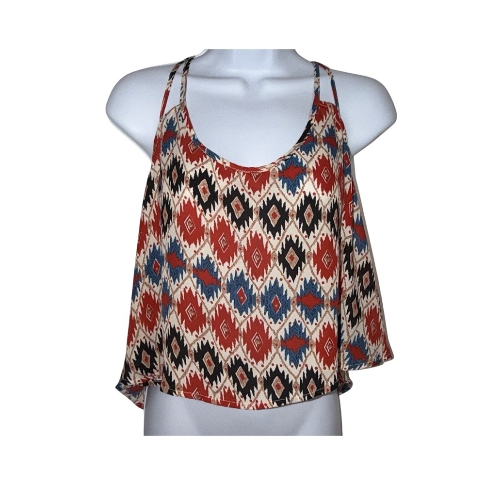 Forever 21 Womens Large Red Blue Ikat Geometric Strappy Racerback Crop Tank Top